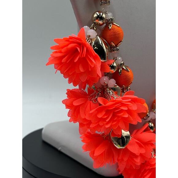 Lilly Pulitzer Tangero Orange Fabric Dangle Flowers Pink Beaded Long Necklace‎ - Picture 7 of 12